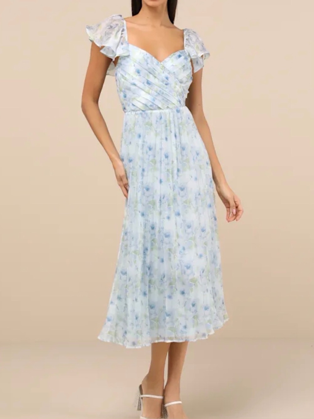 Lulu's Light Blue Floral Pleated Lace Up Midi Dress with Ruffle Cap Sleeves